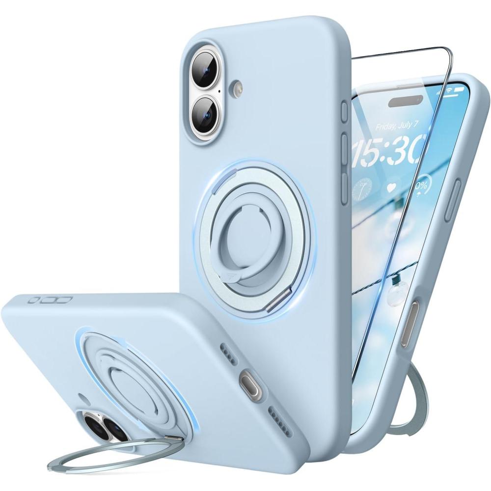 imageSURPHY 360 Magnetic Stand for iPhone 16 Plus Case with Finger Ring Compatible with MagSafe with Screen Protector Ring Stand and Finger Phone Case for 16 Plus 67 inch 2024 Frosted BlackCloud Blue