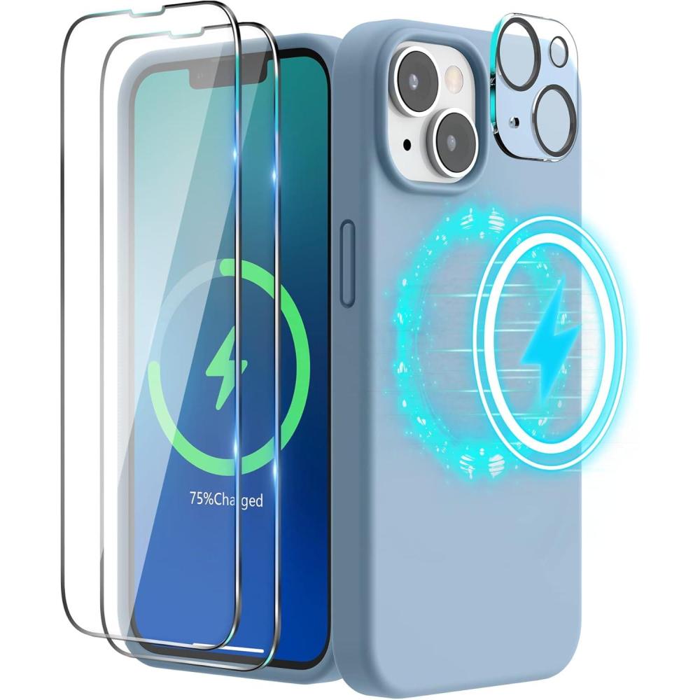 imageSURPHY 4 in 1 Designed for iPhone 14 Case Compatible with MagSafe 61 inch 2022 with 2 Pack Screen Protector  Camera Cover Liquid Silicone Phone Case Cactus GreenBlue Fog