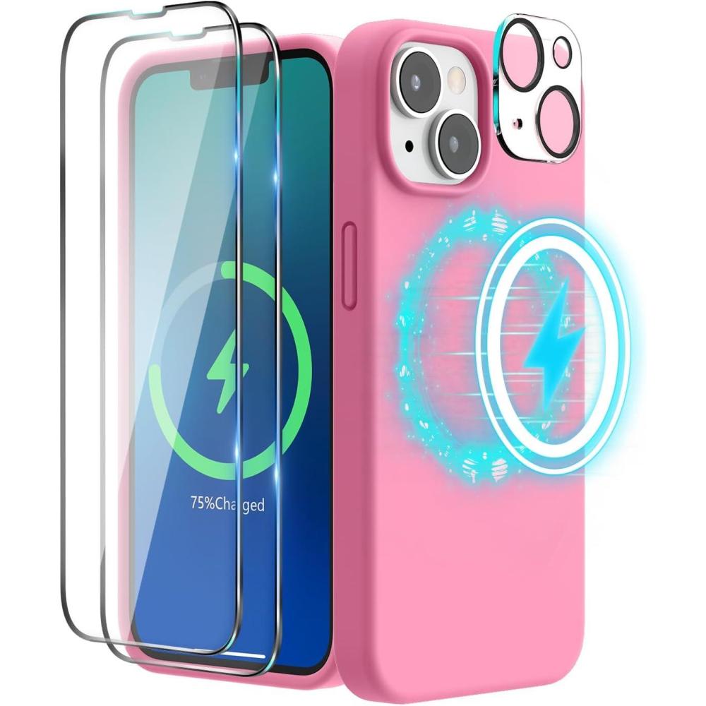 imageSURPHY 4 in 1 Designed for iPhone 14 Case Compatible with MagSafe 61 inch 2022 with 2 Pack Screen Protector  Camera Cover Liquid Silicone Phone Case Cactus GreenPink