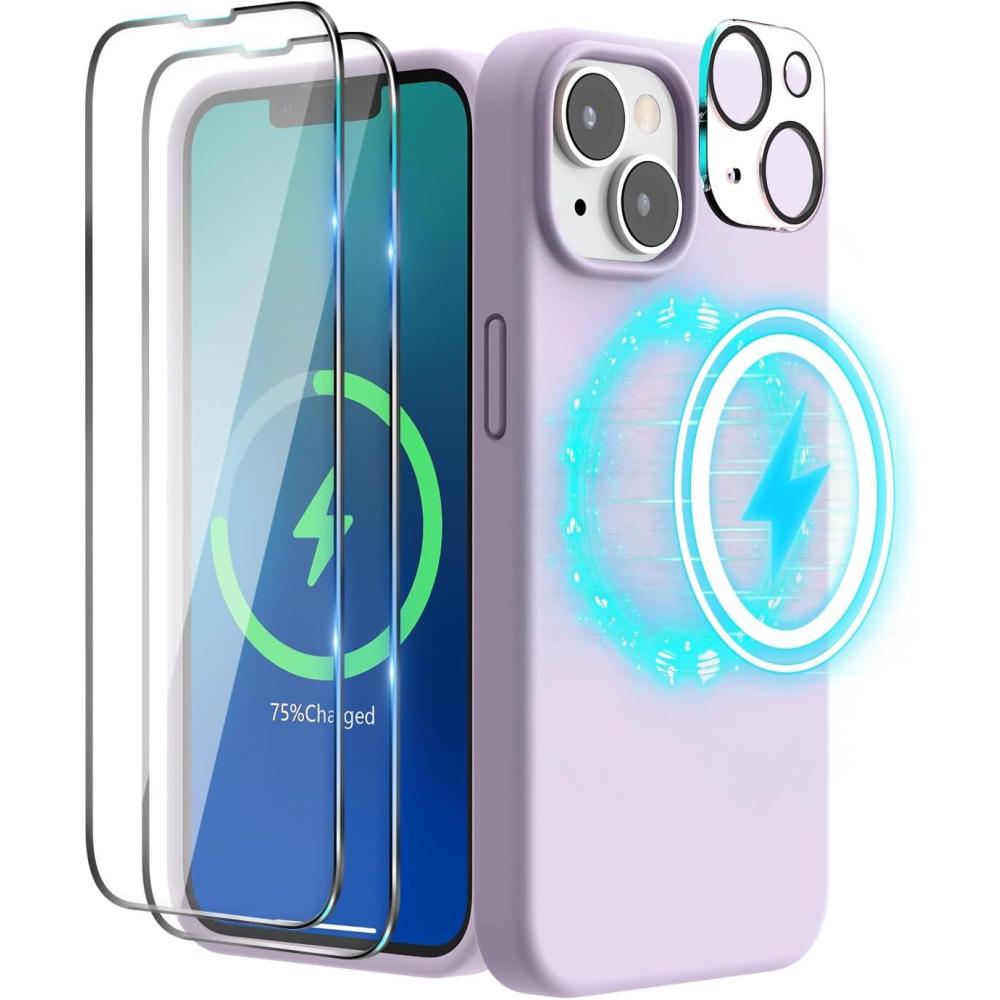 imageSURPHY 4 in 1 Designed for iPhone 14 Case Compatible with MagSafe 61 inch 2022 with 2 Pack Screen Protector Camera Cover Liquid Silicone Phone Case Cactus GreenLight Lavender