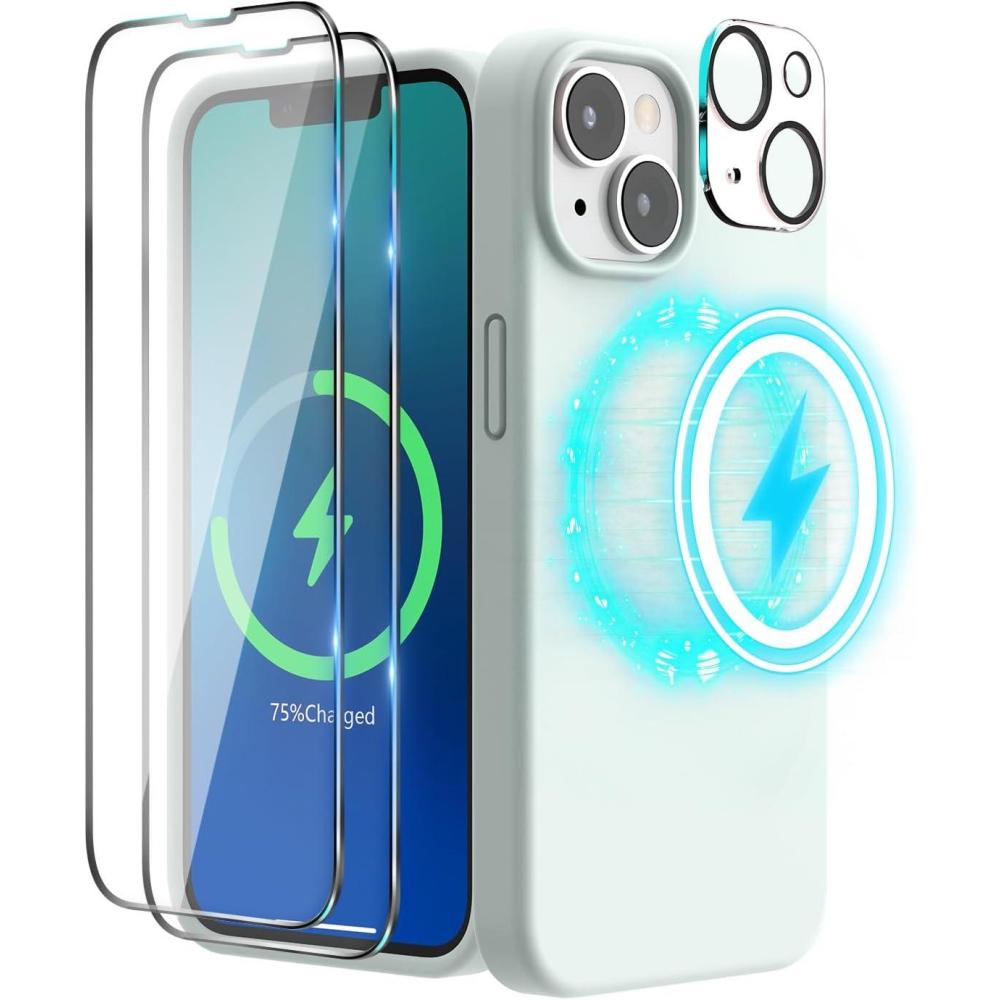 imageSURPHY 4 in 1 Designed for iPhone 14 Case Compatible with MagSafe 61 inch 2022 with 2 Pack Screen Protector Camera Cover Liquid Silicone Phone Case Cactus GreenSoft Mint