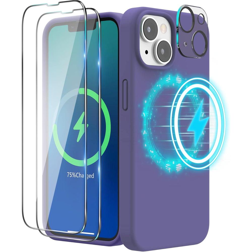 imageSURPHY 4 in 1 Designed for iPhone 14 Case Compatible with MagSafe 61 inch 2022 with 2 Pack Screen Protector Camera Cover Liquid Silicone Phone Case Cactus GreenViolet