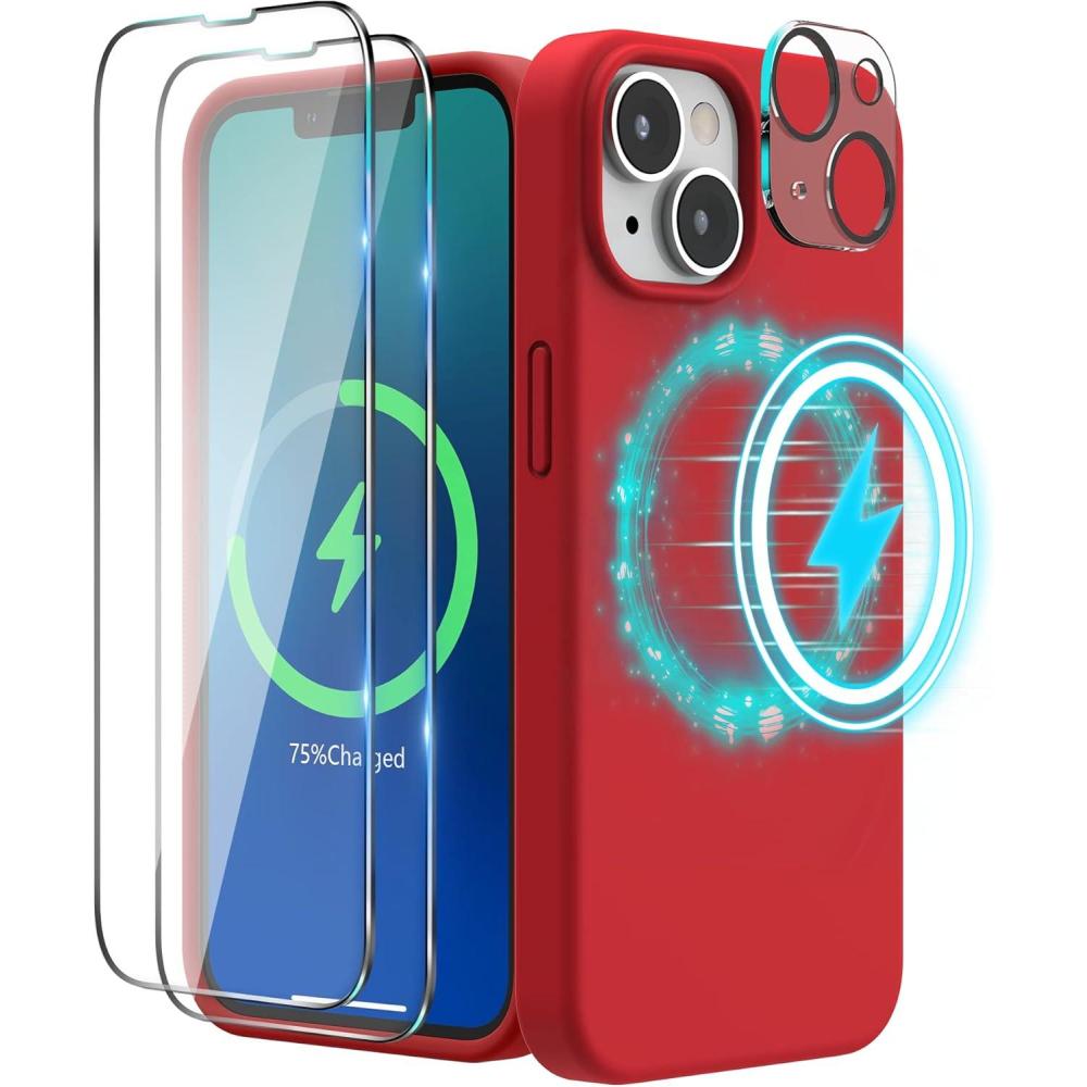 imageSURPHY 4 in 1 Designed for iPhone 14 Case Compatible with MagSafe 61 inch 2022 with 2 Pack Screen Protector Camera Cover Liquid Silicone Phone Case Cactus GreenRed