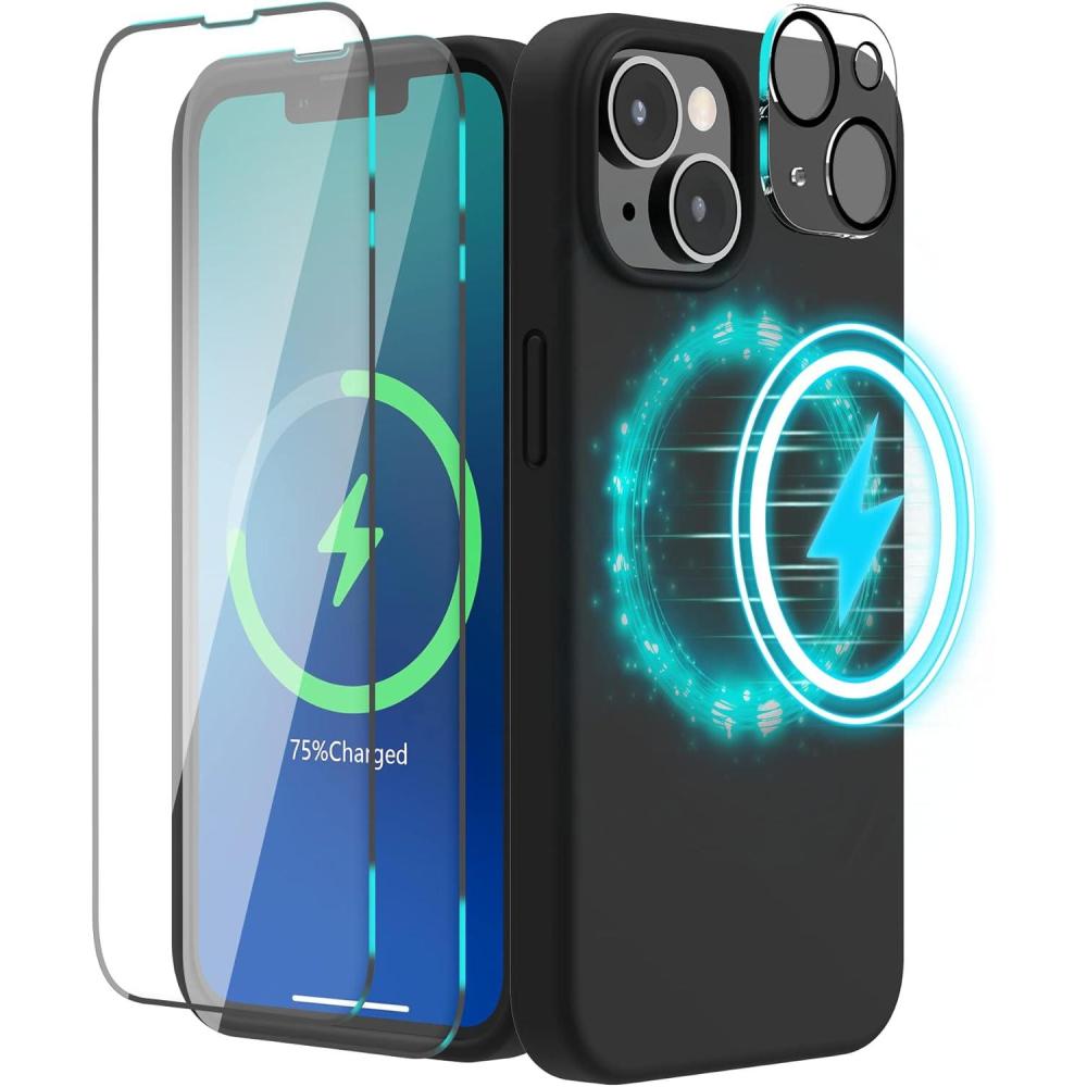 imageSURPHY 4 in 1 Designed for iPhone 14 Case Compatible with MagSafe 61 inch 2022 with 2 Pack Screen Protector Camera Cover Liquid Silicone Phone Case Cactus GreenBlack