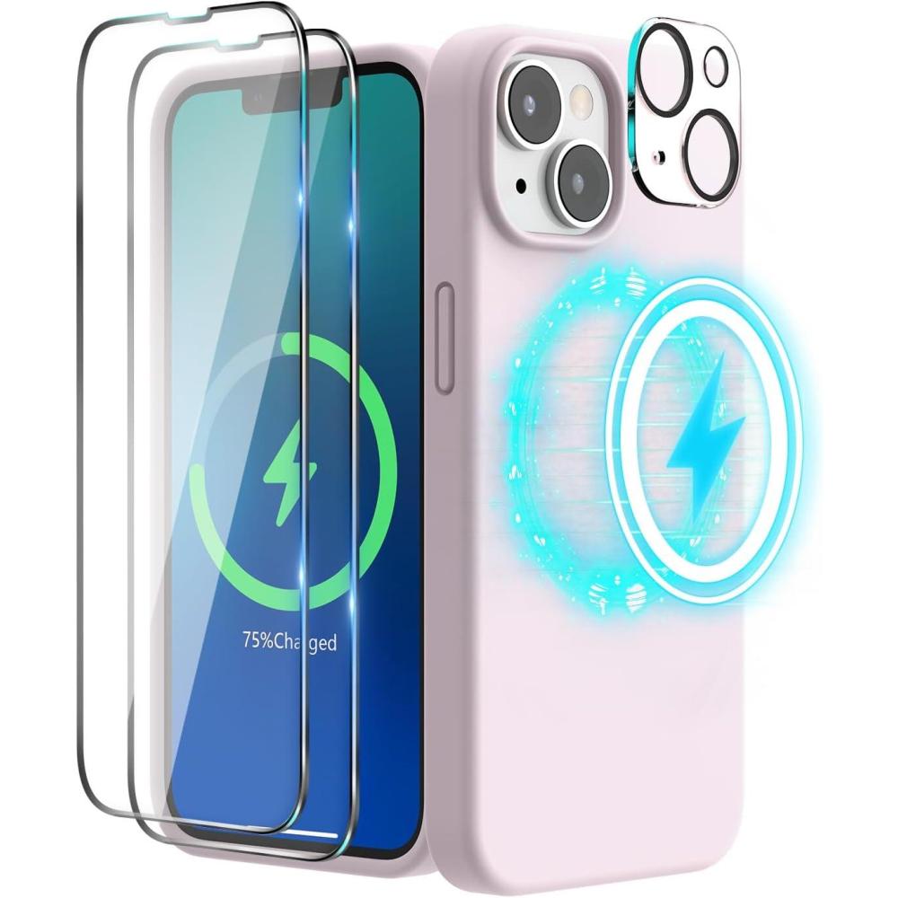 imageSURPHY 4 in 1 Designed for iPhone 14 Case Compatible with MagSafe 61 inch 2022 with 2 Pack Screen Protector  Camera Cover Liquid Silicone Phone Case Cactus GreenChalk Pink