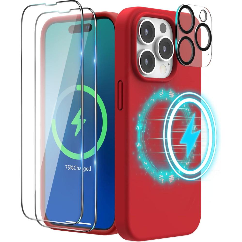 imageSURPHY 4 in 1 Designed for iPhone 14 Pro Case Compatible with MagSafe 61 inch 2022 with 2 Pack Screen Protector  Camera Cover Liquid Silicone Phone Case Cactus GreenRed