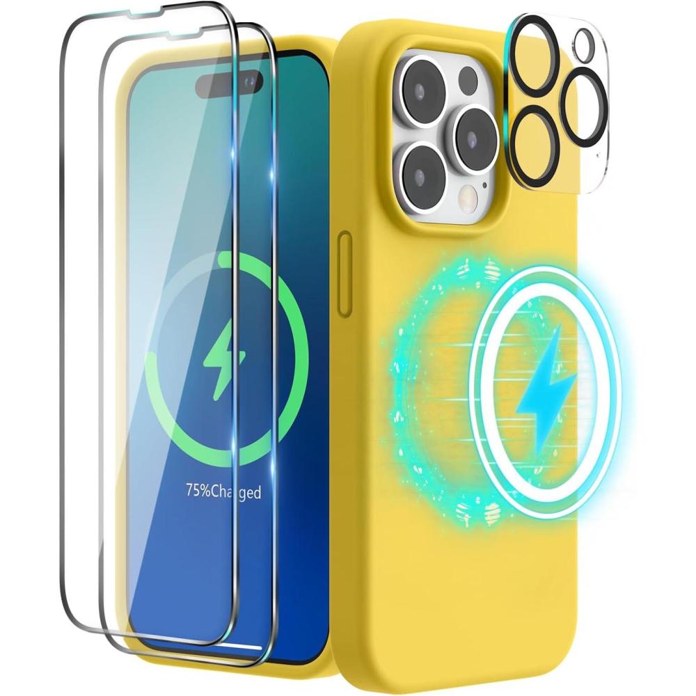 imageSURPHY 4 in 1 Designed for iPhone 14 Pro Case Compatible with MagSafe 61 inch 2022 with 2 Pack Screen Protector  Camera Cover Liquid Silicone Phone Case Cactus GreenSunshine