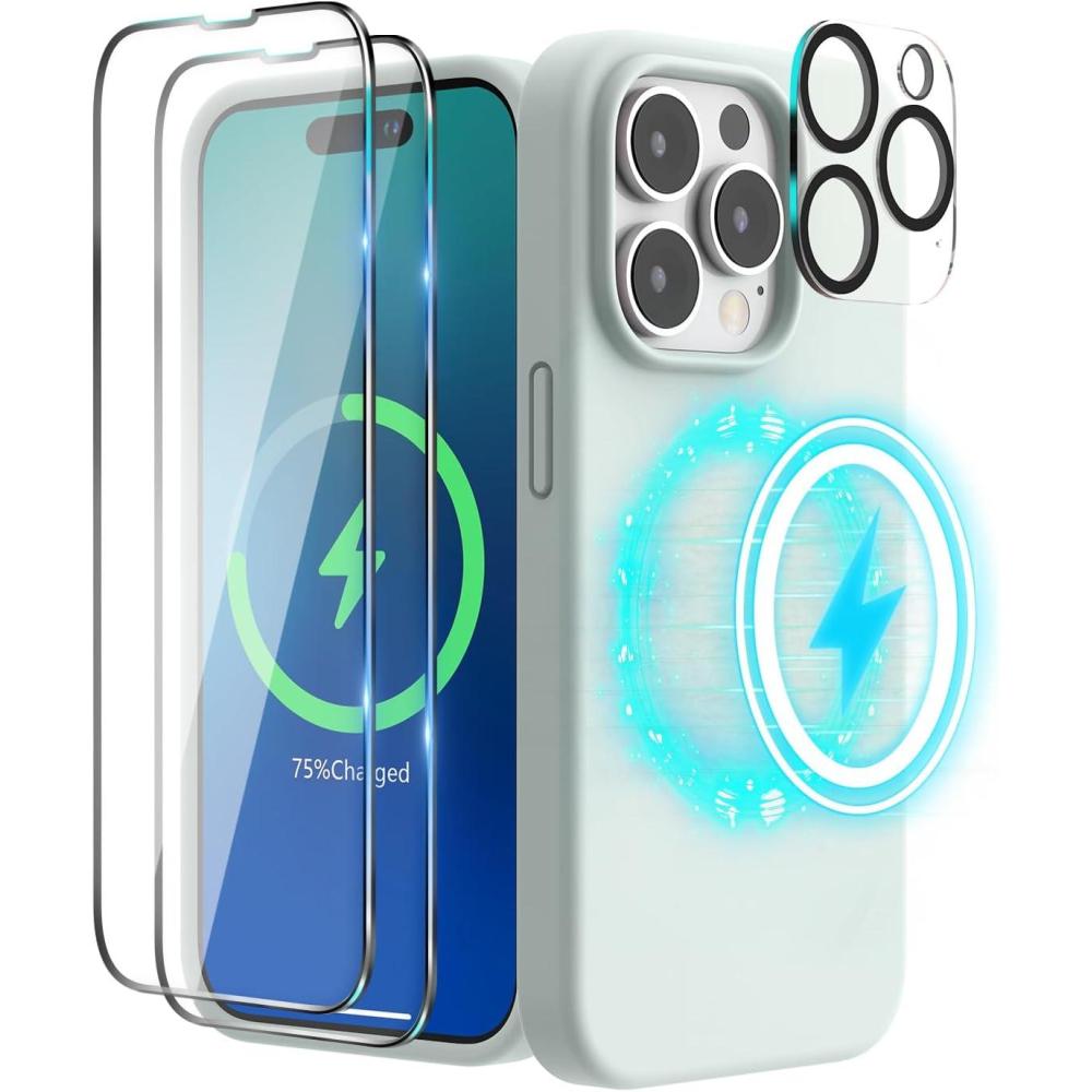 imageSURPHY 4 in 1 Designed for iPhone 14 Pro Case Compatible with MagSafe 61 inch 2022 with 2 Pack Screen Protector Camera Cover Liquid Silicone Phone Case Cactus GreenSoft Mint