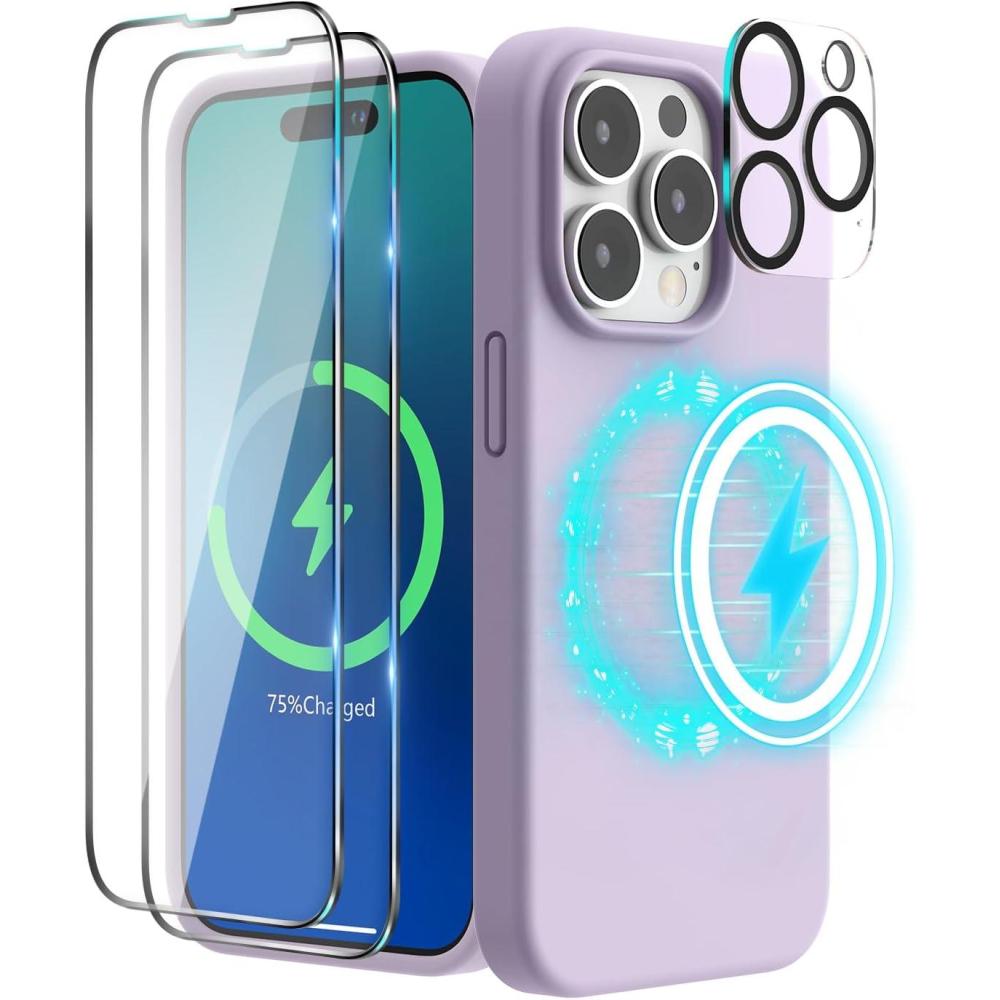 imageSURPHY 4 in 1 Designed for iPhone 14 Pro Case Compatible with MagSafe 61 inch 2022 with 2 Pack Screen Protector  Camera Cover Liquid Silicone Phone Case Cactus GreenLight Lavender