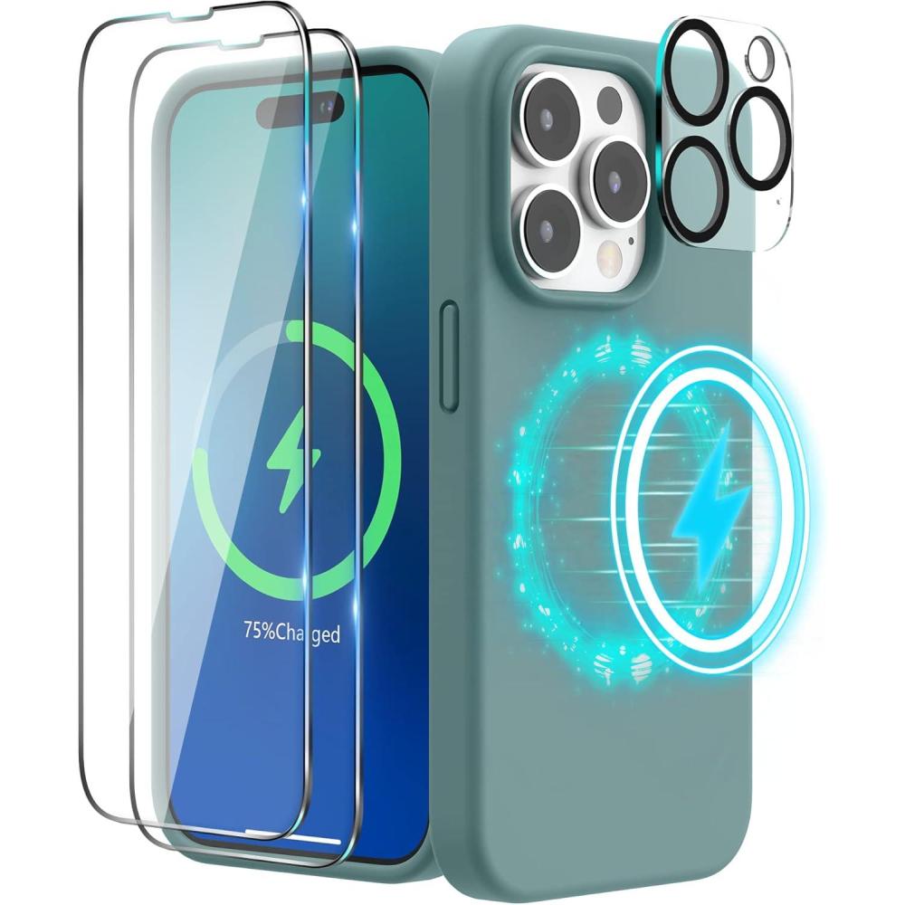 imageSURPHY 4 in 1 Designed for iPhone 14 Pro Max Case Compatible with MagSafe 67 inch 2022 with 2 Pack Screen Protector Camera Cover Liquid Silicone Phone Case Cactus GreenCactus Green