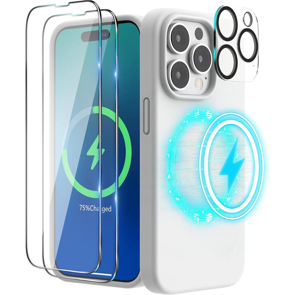 imageSURPHY 4 in 1 Designed for iPhone 14 Pro Max Case Compatible with MagSafe 67 inch 2022 with 2 Pack Screen Protector Camera Cover Liquid Silicone Phone Case Cactus GreenWhite