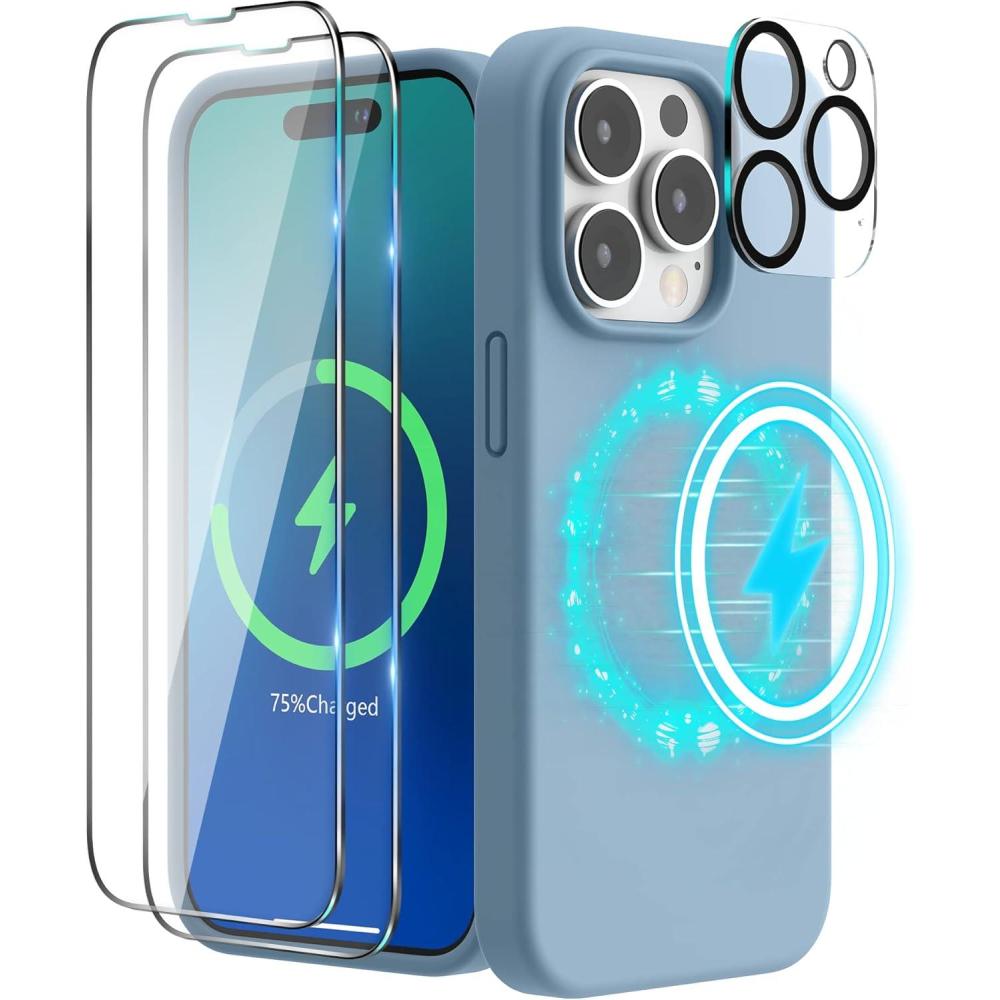 imageSURPHY 4 in 1 Designed for iPhone 14 Pro Max Case Compatible with MagSafe 67 inch 2022 with 2 Pack Screen Protector Camera Cover Liquid Silicone Phone Case Cactus GreenBlue Fog