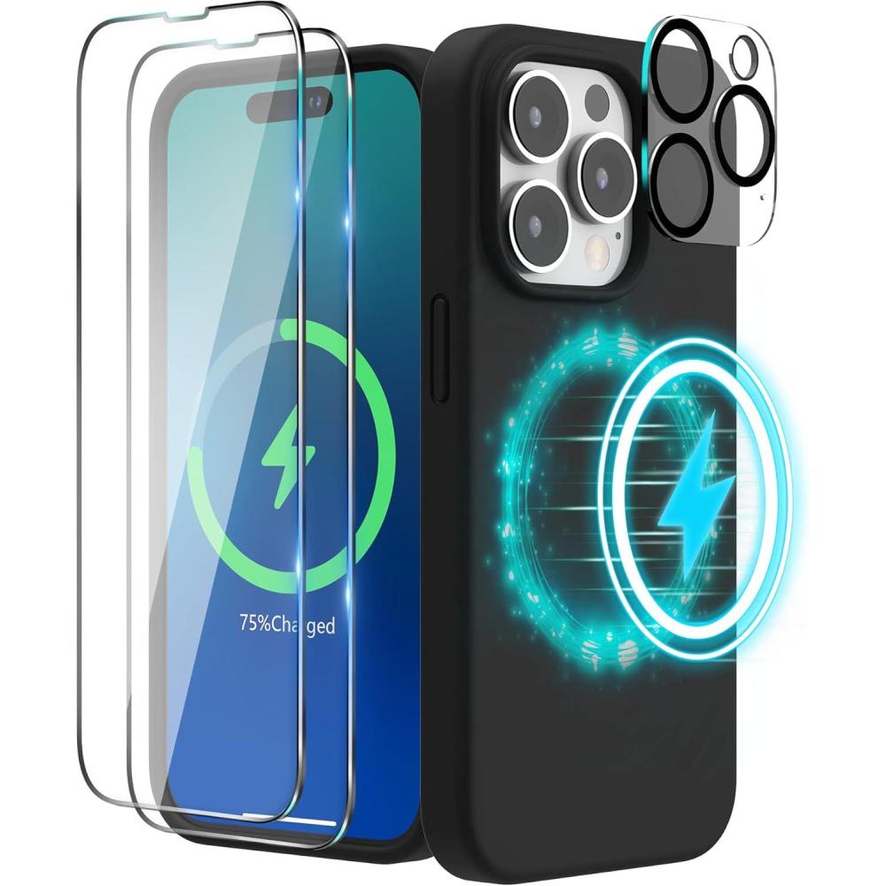 imageSURPHY 4 in 1 Designed for iPhone 14 Pro Max Case Compatible with MagSafe 67 inch 2022 with 2 Pack Screen Protector Camera Cover Liquid Silicone Phone Case Cactus GreenBlack