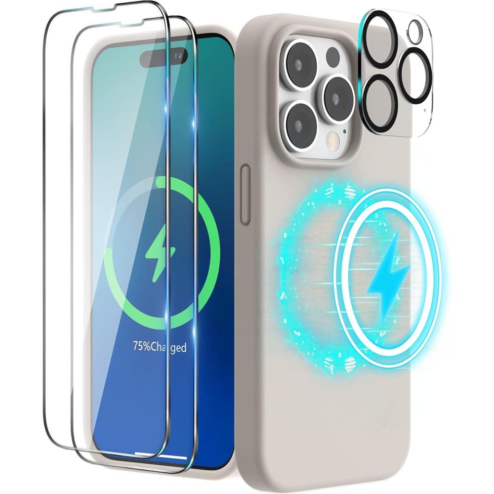 imageSURPHY 4 in 1 Designed for iPhone 14 Pro Max Case Compatible with MagSafe 67 inch 2022 with 2 Pack Screen Protector Camera Cover Liquid Silicone Phone Case Cactus GreenStone