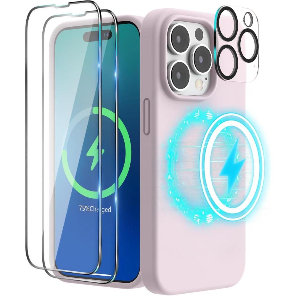 imageSURPHY 4 in 1 Designed for iPhone 14 Pro Max Case Compatible with MagSafe 67 inch 2022 with 2 Pack Screen Protector  Camera Cover Liquid Silicone Phone Case Cactus GreenChalk Pink