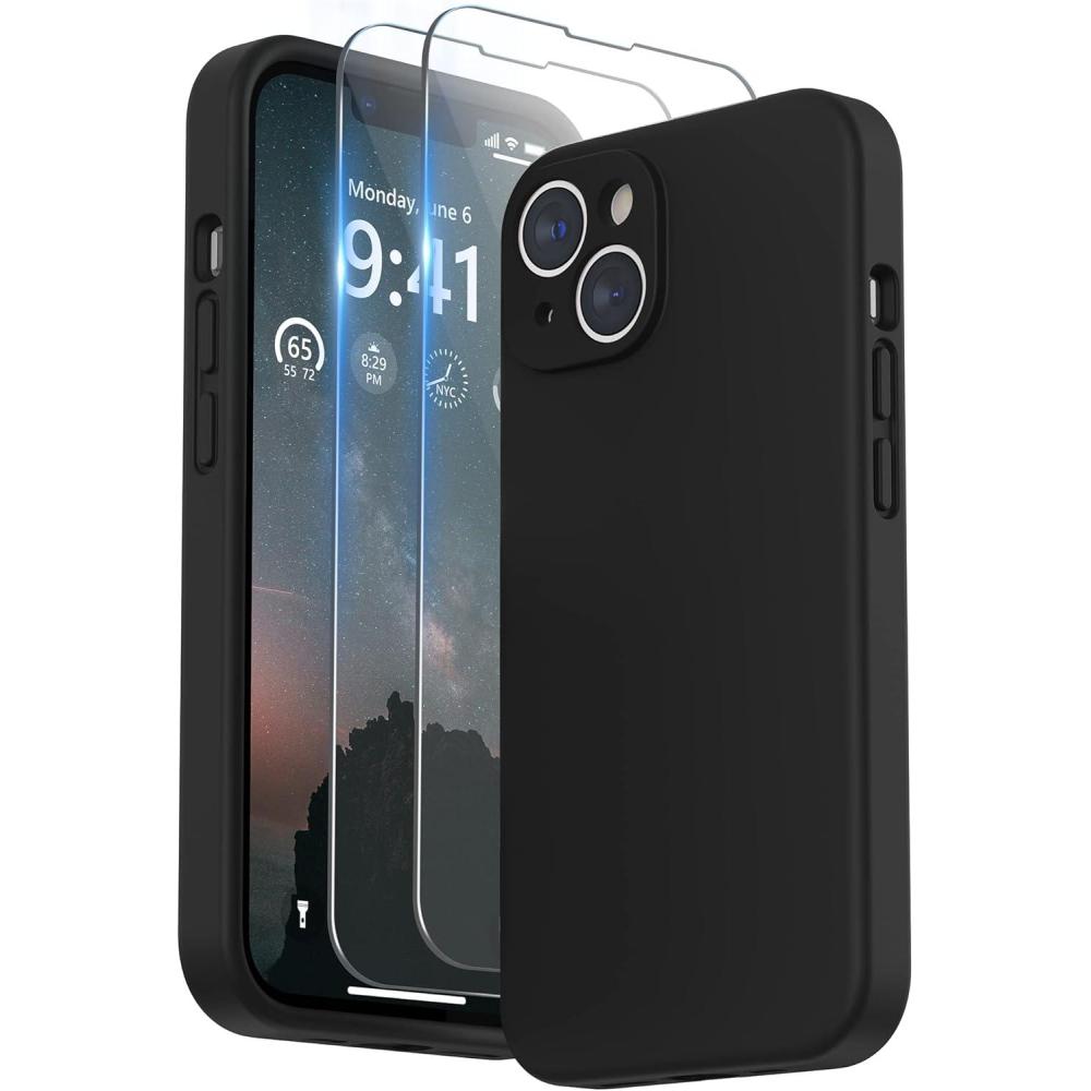 imageSURPHY Case for iPhone 14 Plus Case with Screen Protector and Camera Protection Liquid Silicone Phone Case with Soft Microfiber Lining Pink SandBlack