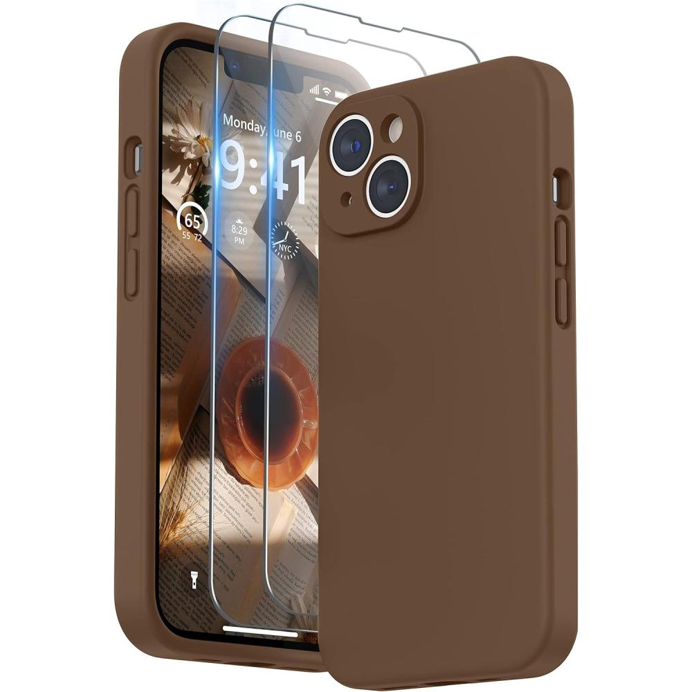 imageSURPHY Case for iPhone 14 Plus Case with Screen Protector and Camera Protection Liquid Silicone Phone Case with Soft Microfiber Lining Pink SandBrown