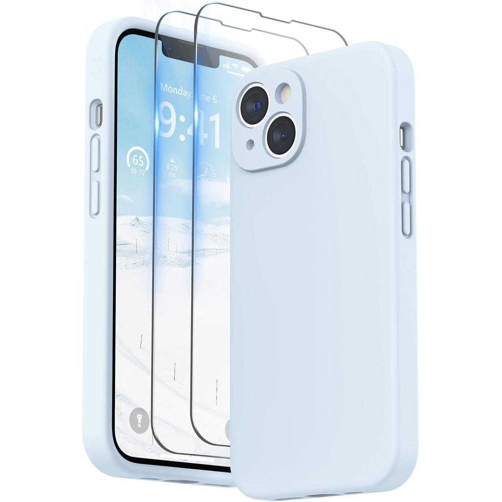 imageSURPHY Case for iPhone 14 Plus Case with Screen Protector and Camera Protection Liquid Silicone Phone Case with Soft Microfiber Lining Pink SandCloud Blue