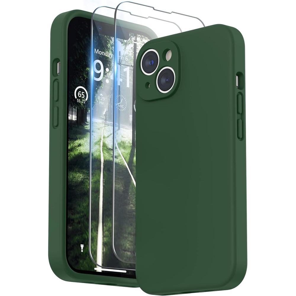 imageSURPHY Case for iPhone 14 Plus Case with Screen Protector and Camera Protection Liquid Silicone Phone Case with Soft Microfiber Lining Pink SandClover Green