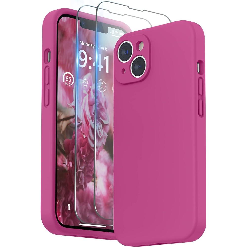 imageSURPHY Case for iPhone 14 Plus Case with Screen Protector and Camera Protection Liquid Silicone Phone Case with Soft Microfiber Lining Pink SandHot Pink