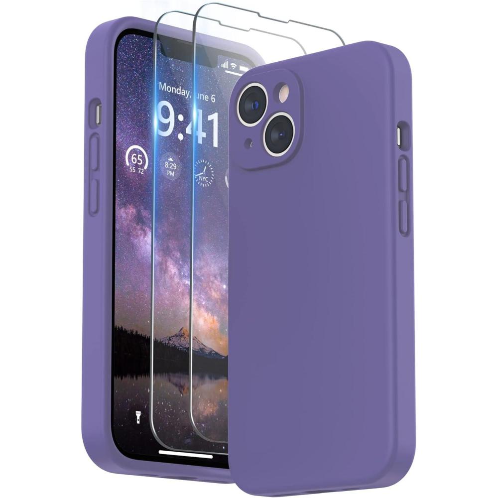 imageSURPHY Case for iPhone 14 Plus Case with Screen Protector and Camera Protection Liquid Silicone Phone Case with Soft Microfiber Lining Pink SandIris Purple