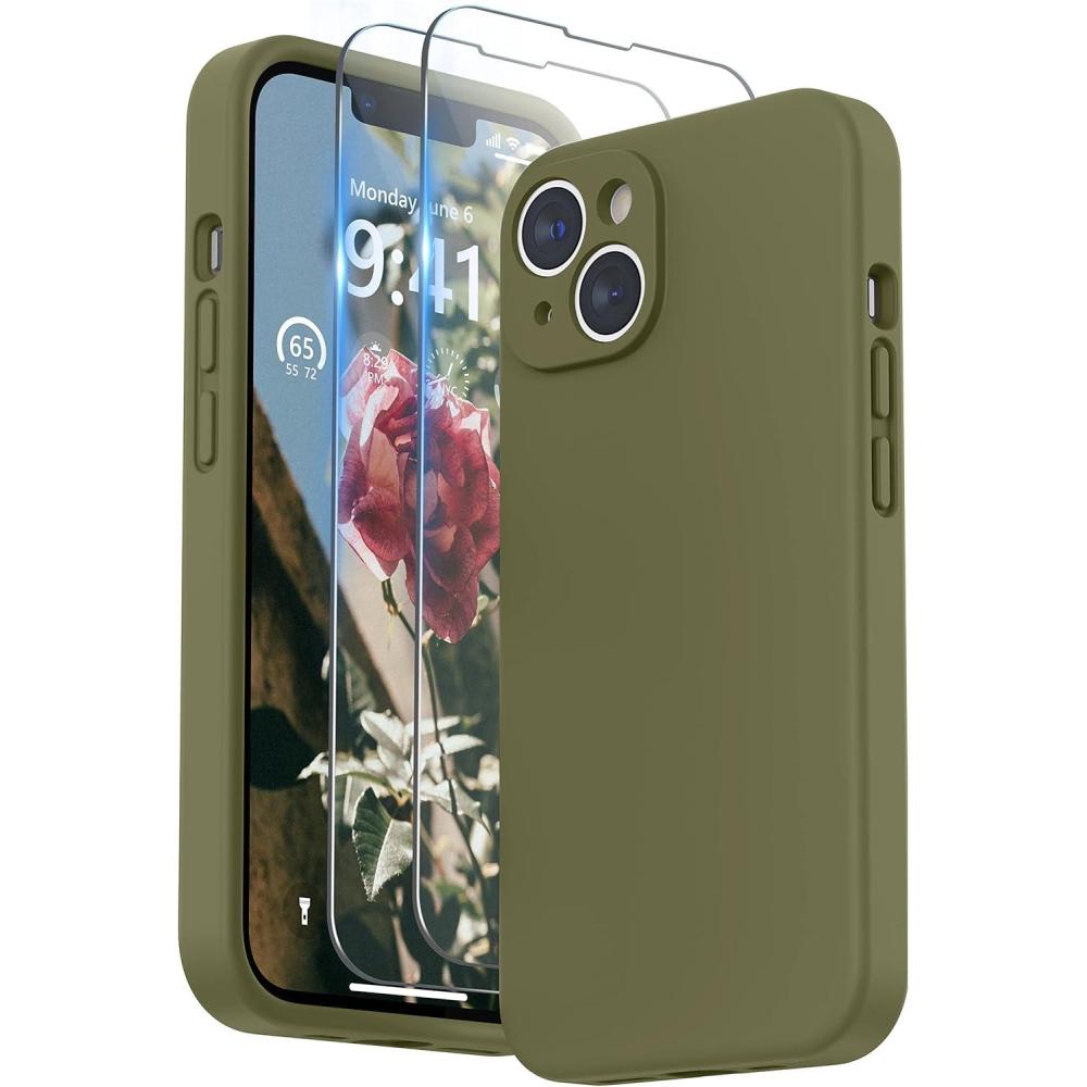 imageSURPHY Case for iPhone 14 Plus Case with Screen Protector and Camera Protection Liquid Silicone Phone Case with Soft Microfiber Lining Pink SandKhaki Green