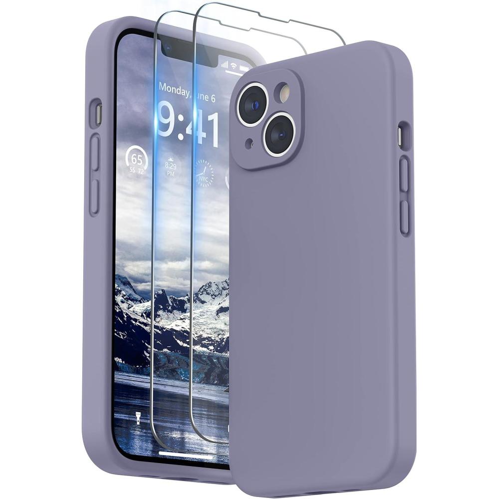 imageSURPHY Case for iPhone 14 Plus Case with Screen Protector and Camera Protection Liquid Silicone Phone Case with Soft Microfiber Lining Pink SandLavender Gray