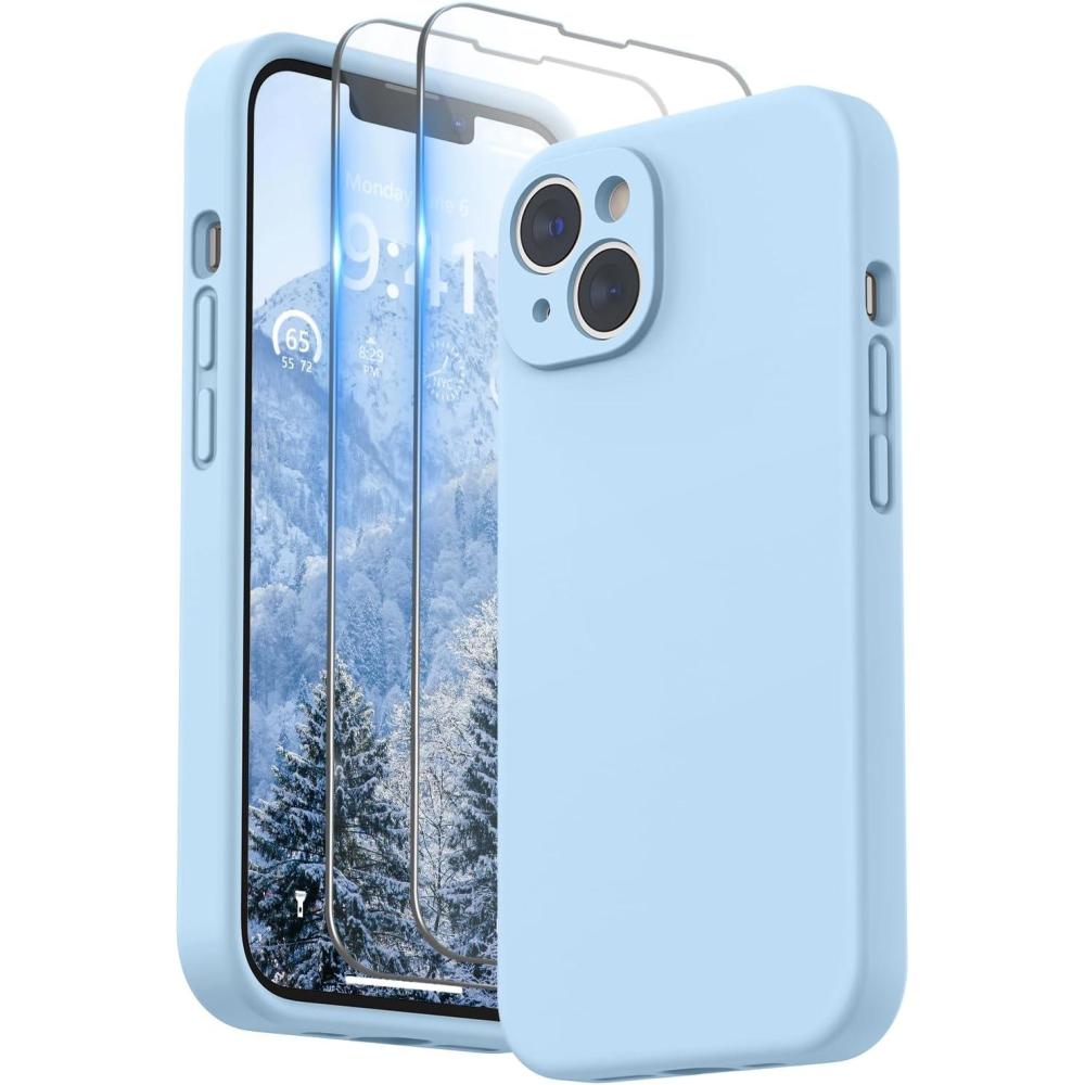 imageSURPHY Case for iPhone 14 Plus Case with Screen Protector and Camera Protection Liquid Silicone Phone Case with Soft Microfiber Lining Pink SandLight Blue