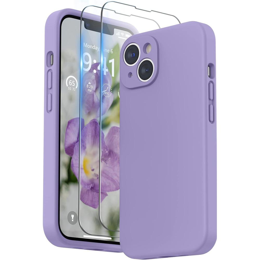 imageSURPHY Case for iPhone 14 Plus Case with Screen Protector and Camera Protection Liquid Silicone Phone Case with Soft Microfiber Lining Pink SandLight Purple