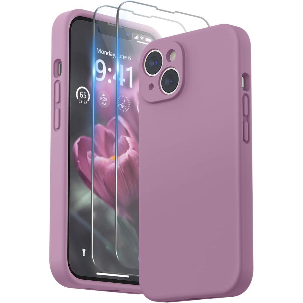 imageSURPHY Case for iPhone 14 Plus Case with Screen Protector and Camera Protection Liquid Silicone Phone Case with Soft Microfiber Lining Pink SandLilac Purple