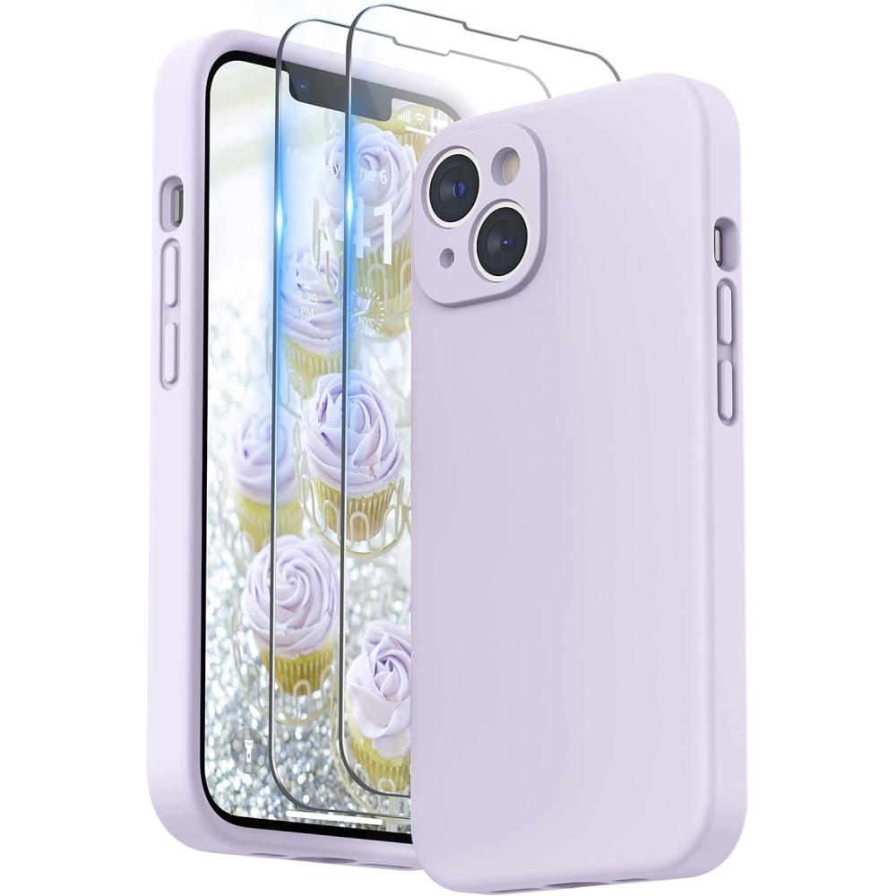 imageSURPHY Case for iPhone 14 Plus Case with Screen Protector and Camera Protection Liquid Silicone Phone Case with Soft Microfiber Lining Pink SandLilac