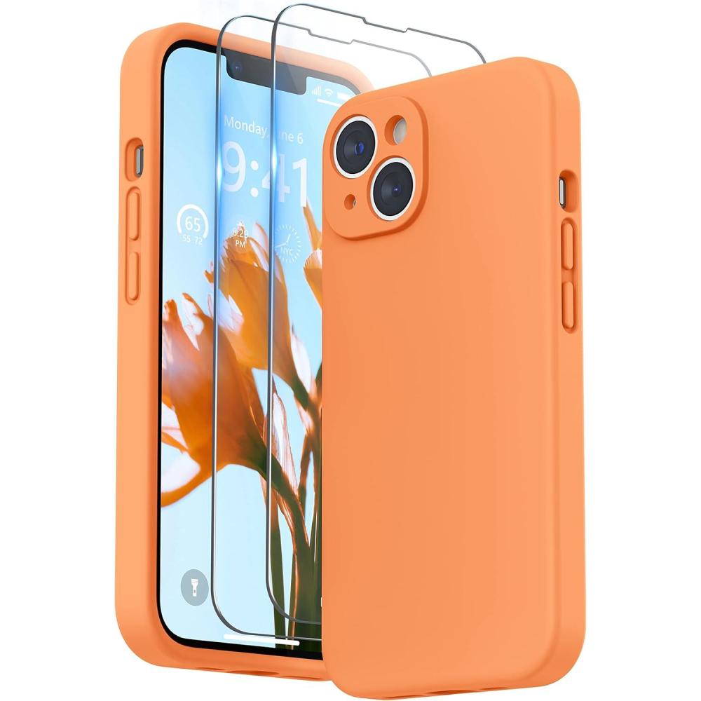 imageSURPHY Case for iPhone 14 Plus Case with Screen Protector and Camera Protection Liquid Silicone Phone Case with Soft Microfiber Lining Pink SandMarigold Orange