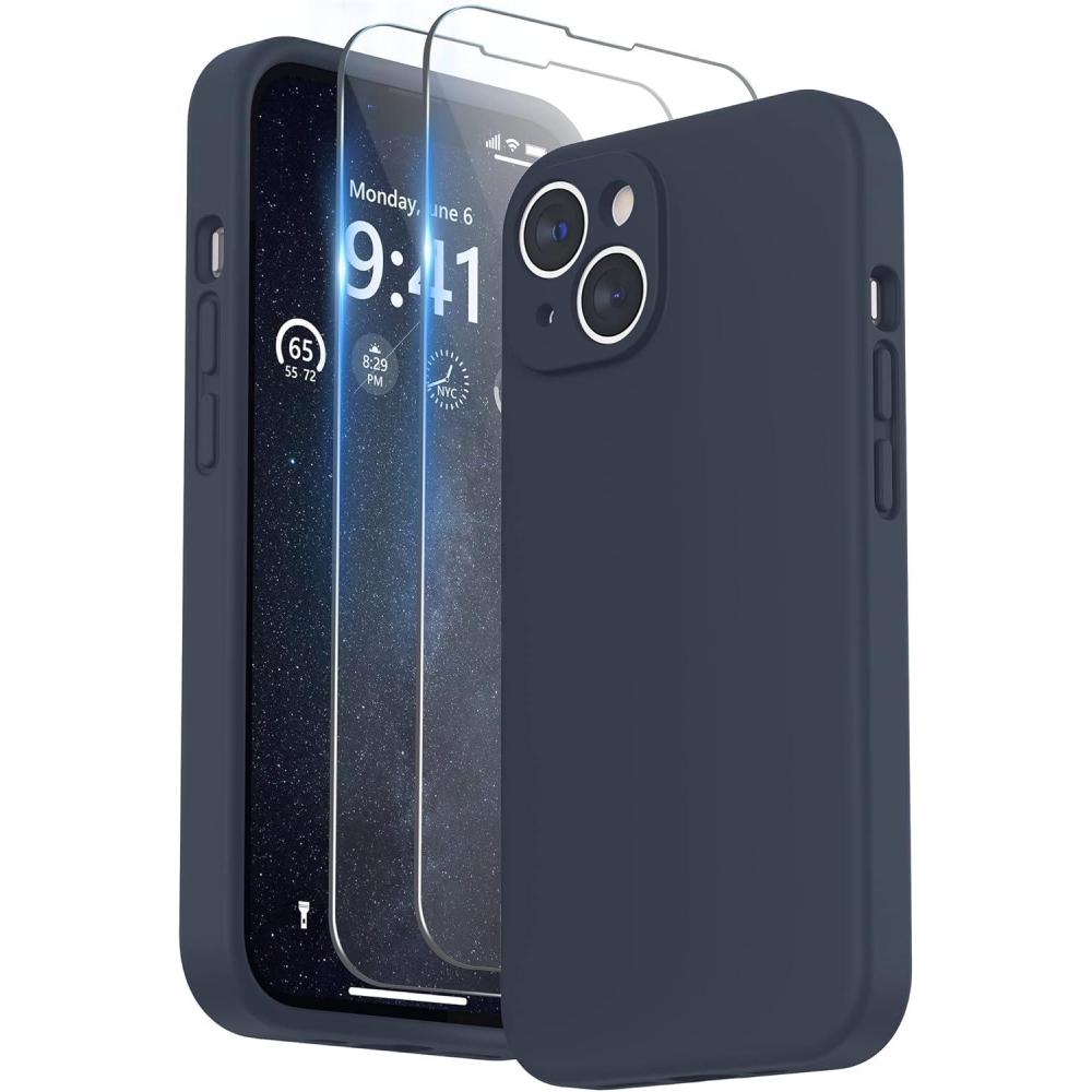 imageSURPHY Case for iPhone 14 Plus Case with Screen Protector and Camera Protection Liquid Silicone Phone Case with Soft Microfiber Lining Pink SandMidnight Blue