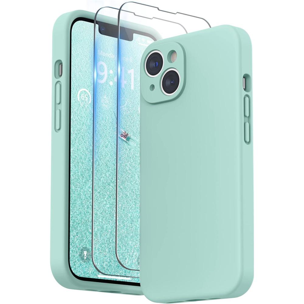 imageSURPHY Case for iPhone 14 Plus Case with Screen Protector and Camera Protection Liquid Silicone Phone Case with Soft Microfiber Lining Pink SandMint Green