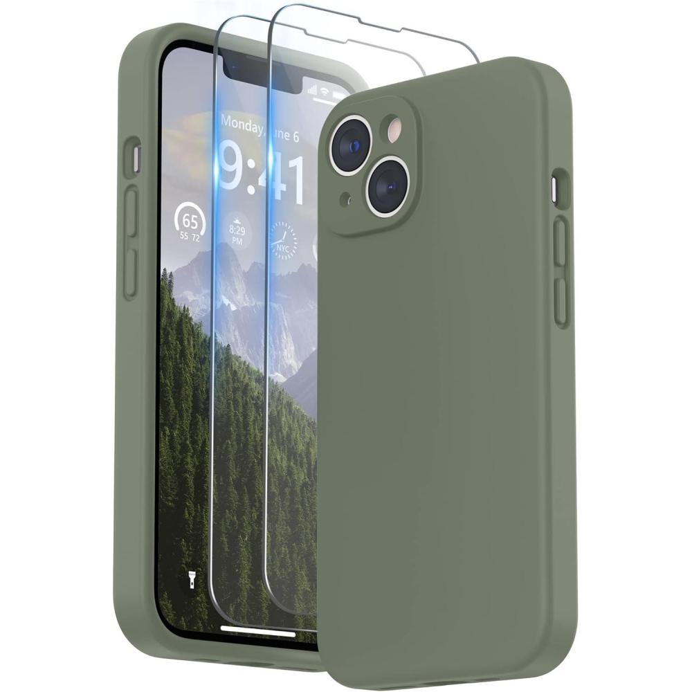 imageSURPHY Case for iPhone 14 Plus Case with Screen Protector and Camera Protection Liquid Silicone Phone Case with Soft Microfiber Lining Pink SandOlive