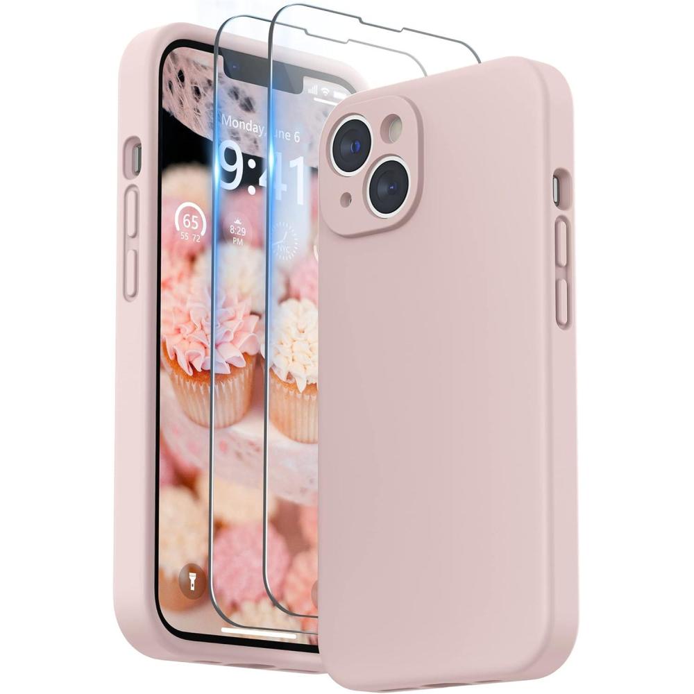 imageSURPHY Case for iPhone 14 Plus Case with Screen Protector and Camera Protection Liquid Silicone Phone Case with Soft Microfiber Lining Pink SandPink Sand
