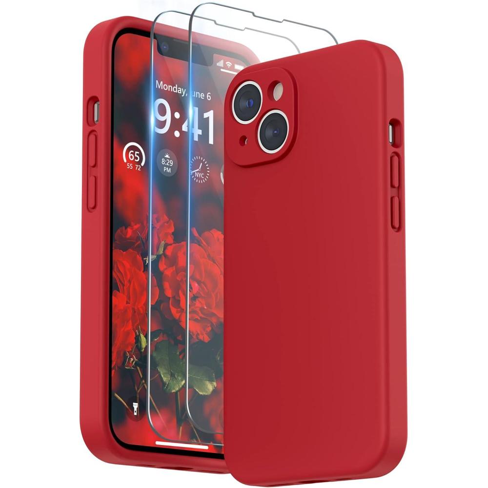 imageSURPHY Case for iPhone 14 Plus Case with Screen Protector and Camera Protection Liquid Silicone Phone Case with Soft Microfiber Lining Pink SandRed