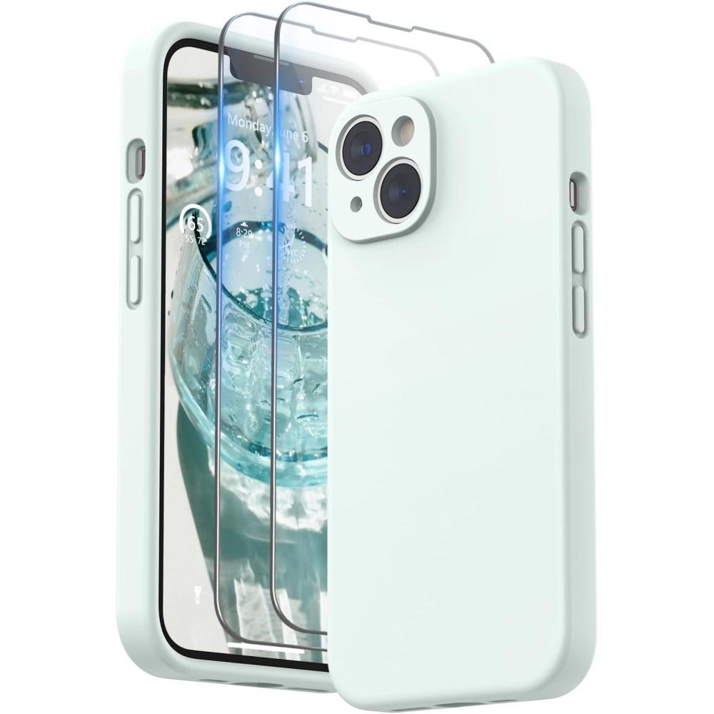 imageSURPHY Case for iPhone 14 Plus Case with Screen Protector and Camera Protection Liquid Silicone Phone Case with Soft Microfiber Lining Pink SandSoft Mint