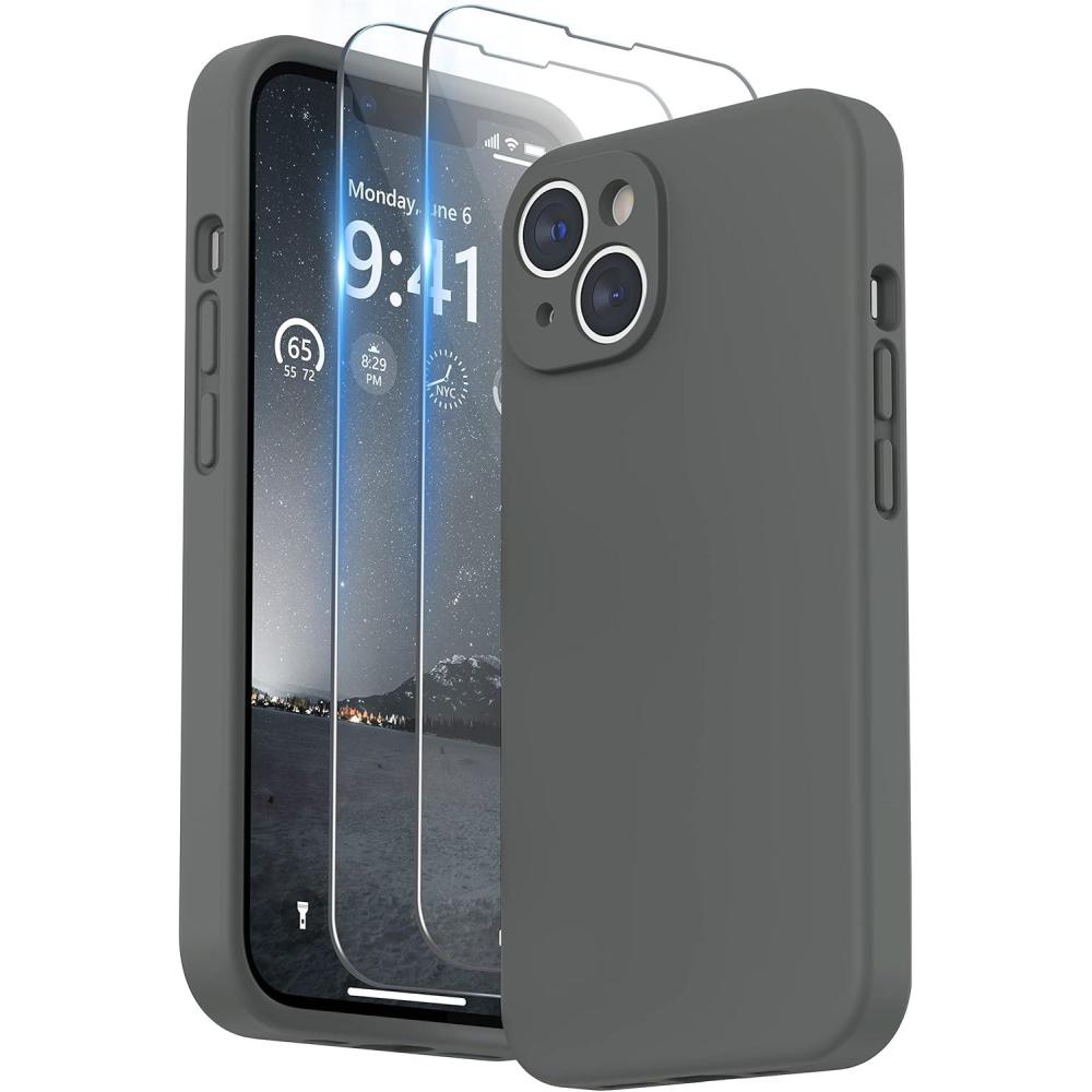 imageSURPHY Case for iPhone 14 Plus Case with Screen Protector and Camera Protection Liquid Silicone Phone Case with Soft Microfiber Lining Pink SandSpace Gray