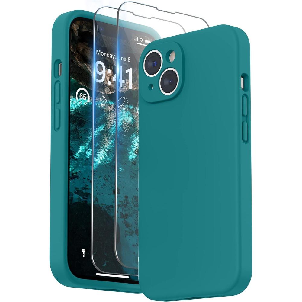 imageSURPHY Case for iPhone 14 Plus Case with Screen Protector and Camera Protection Liquid Silicone Phone Case with Soft Microfiber Lining Pink SandTeal Blue