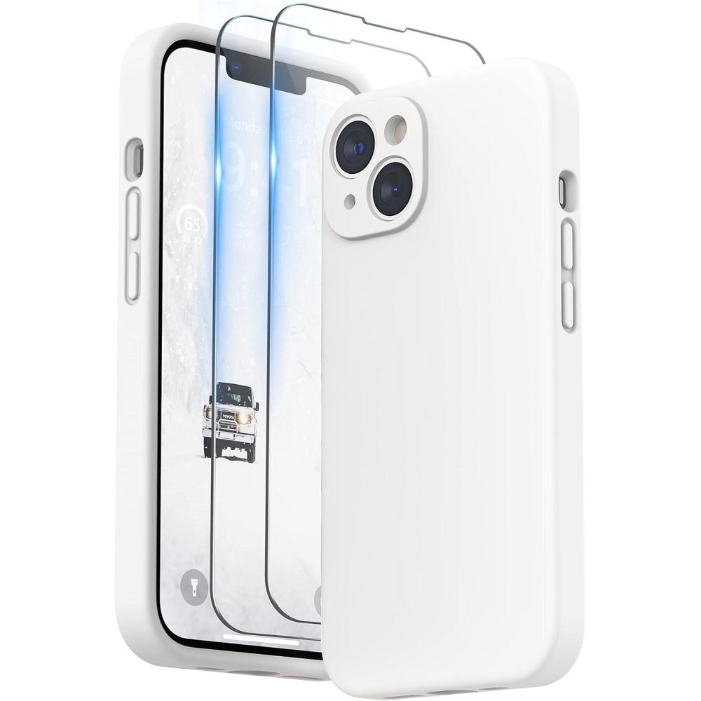 imageSURPHY Case for iPhone 14 Plus Case with Screen Protector and Camera Protection Liquid Silicone Phone Case with Soft Microfiber Lining Pink SandWhite