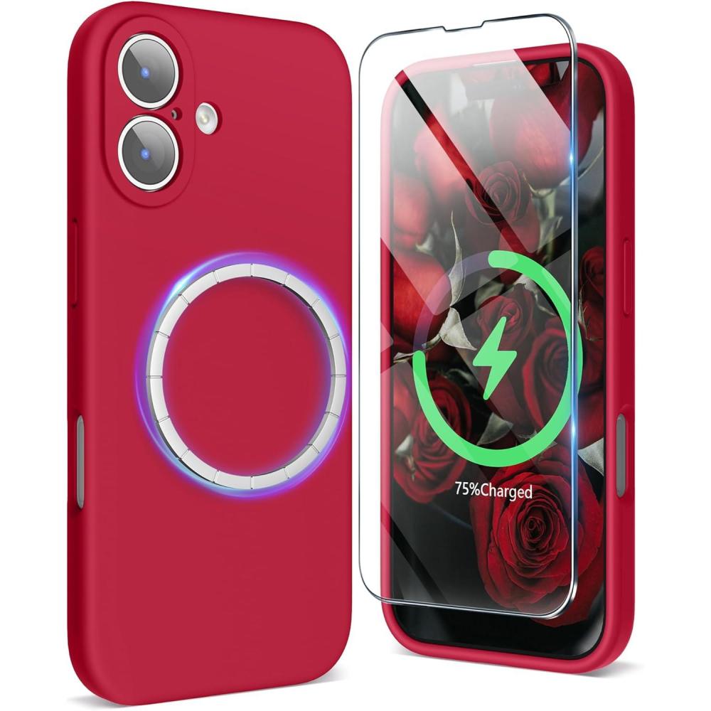 imageSURPHY Case for iPhone 17 Case with Screen Protector 63 inch 2025 Compatible with MagSafe Liquid Silicone 17 Phone Cases Whit Soft Microfiber Lining Lilac PurpleRed