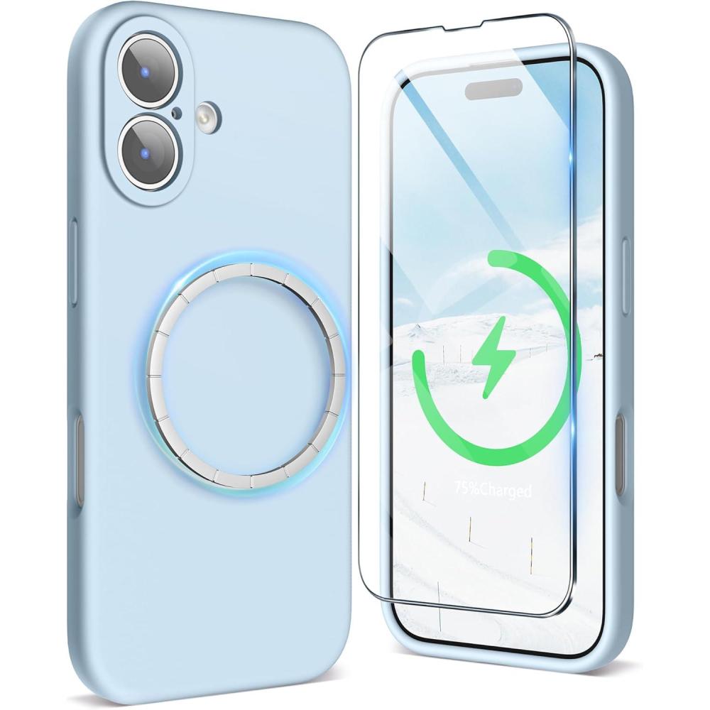 imageSURPHY Case for iPhone 17 Case with Screen Protector 63 inch 2025 Compatible with MagSafe Liquid Silicone 17 Phone Cases Whit Soft Microfiber Lining Lilac PurpleCloud Blue