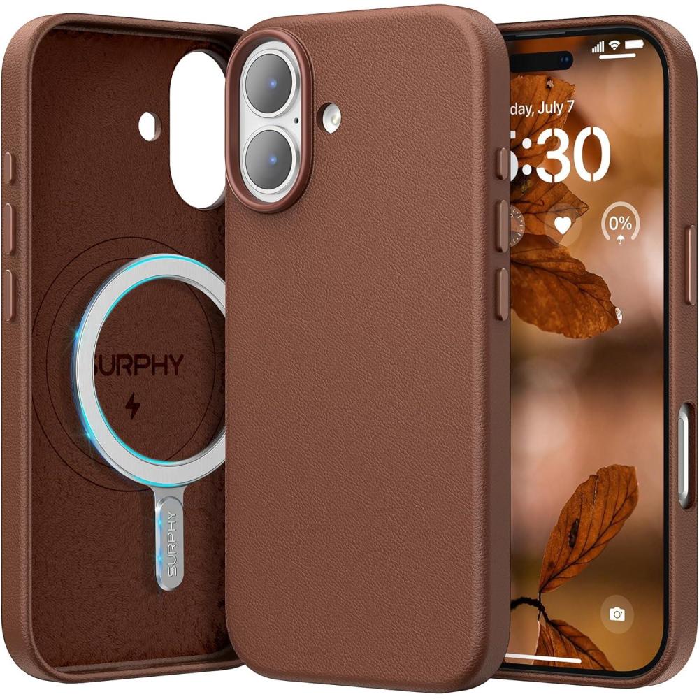 imageSURPHY Case for iPhone 17 Pro Max Case 69 inch 2025 Compatible with MagSafe Faux Leather 17 Pro Max Phone Cases Whit Soft Microfiber Lining BrownBrown