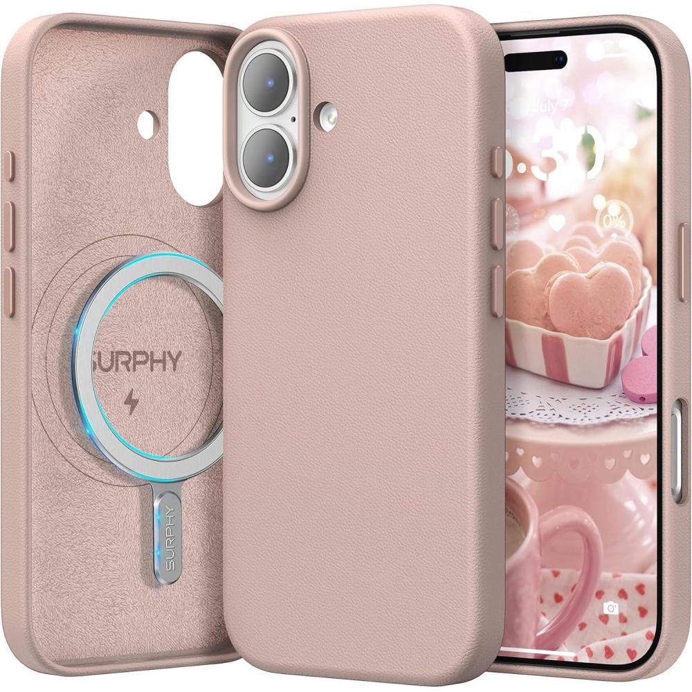 imageSURPHY Case for iPhone 17 Pro Max Case 69 inch 2025 Compatible with MagSafe Faux Leather 17 Pro Max Phone Cases Whit Soft Microfiber Lining BrownPink Sand