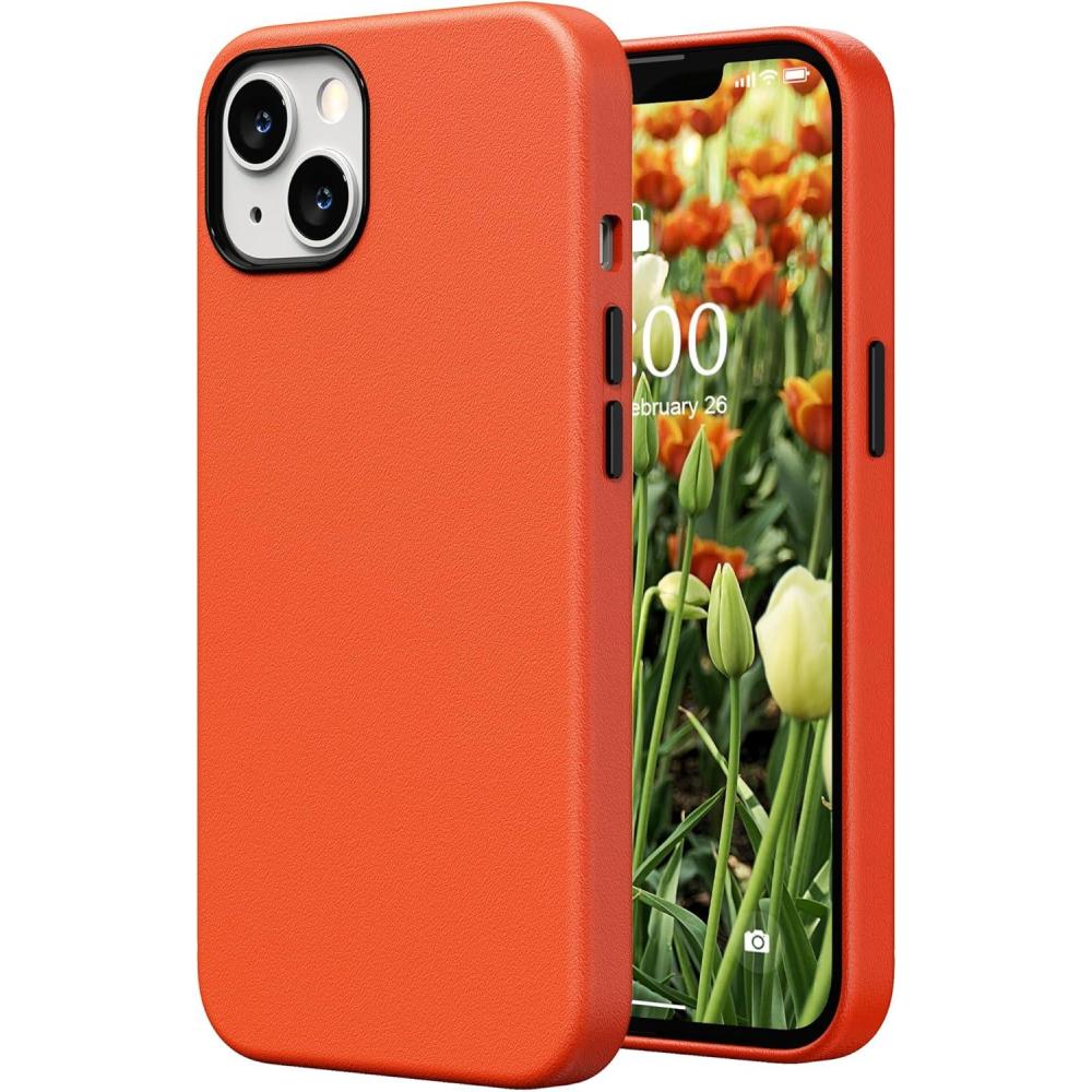 imageSURPHY Compatible with iPhone 13 Case Premium Faux Leather Phone Case with Metallic Buttons ampamp Microfiber Lining for 13 61 inch 2021 BrownOrange