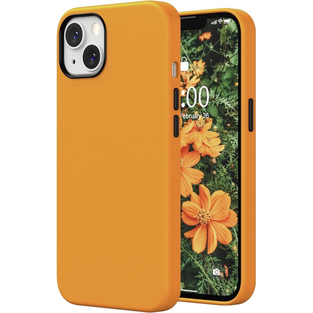 imageSURPHY Compatible with iPhone 13 Case Premium Faux Leather Phone Case with Metallic Buttons ampamp Microfiber Lining for 13 61 inch 2021 BrownYellow California Poppy