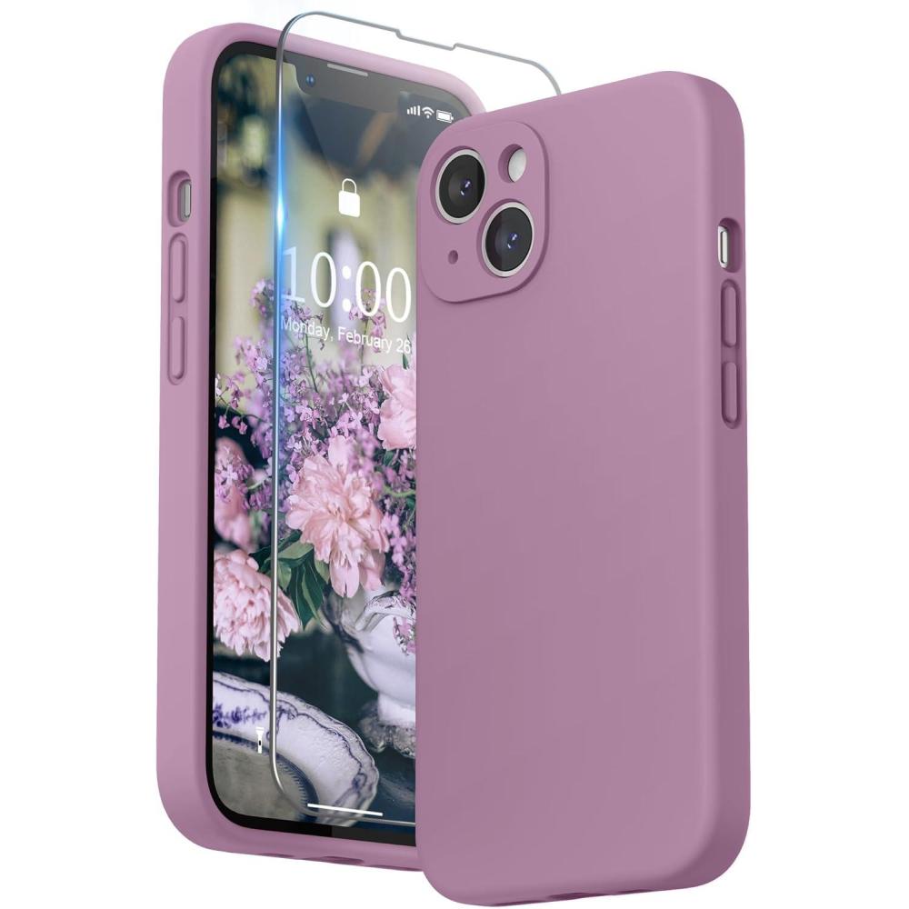 imageSURPHY Compatible with iPhone 13 Case with Screen Protector Camera Protection ampamp Soft Microfiber Lining Liquid Silicone Phone Case 61 inch 2021 Cactus GreenLilac Purple