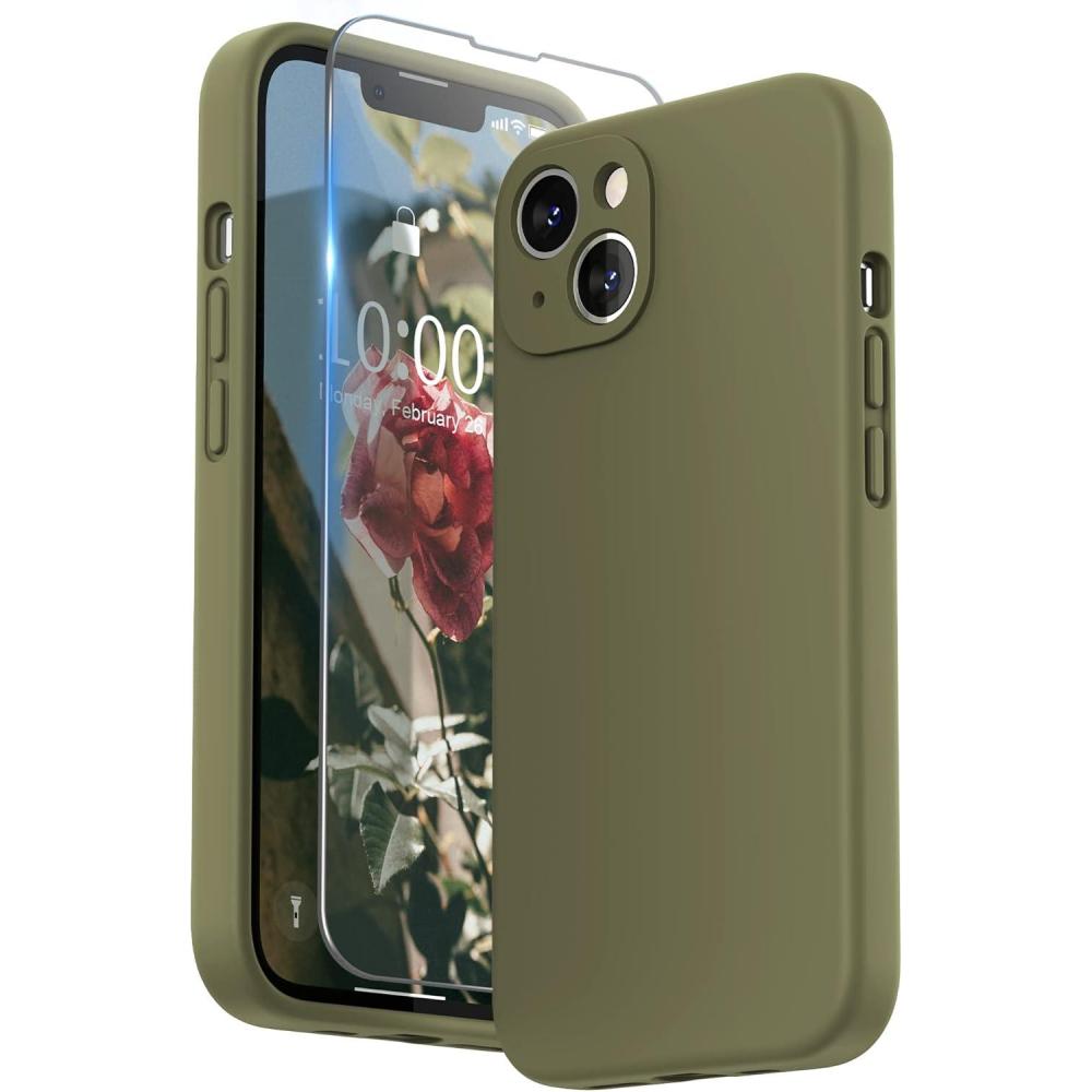 imageSURPHY Compatible with iPhone 13 Case with Screen Protector Camera Protection ampamp Soft Microfiber Lining Liquid Silicone Phone Case 61 inch 2021 Cactus GreenKhaki Green