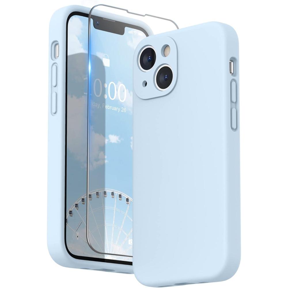 imageSURPHY Compatible with iPhone 13 Mini Case with Screen Protector Camera Protection ampamp Soft Microfiber Lining Liquid Silicone Phone Case 54 inch 2021 Clover GreenCloud Blue